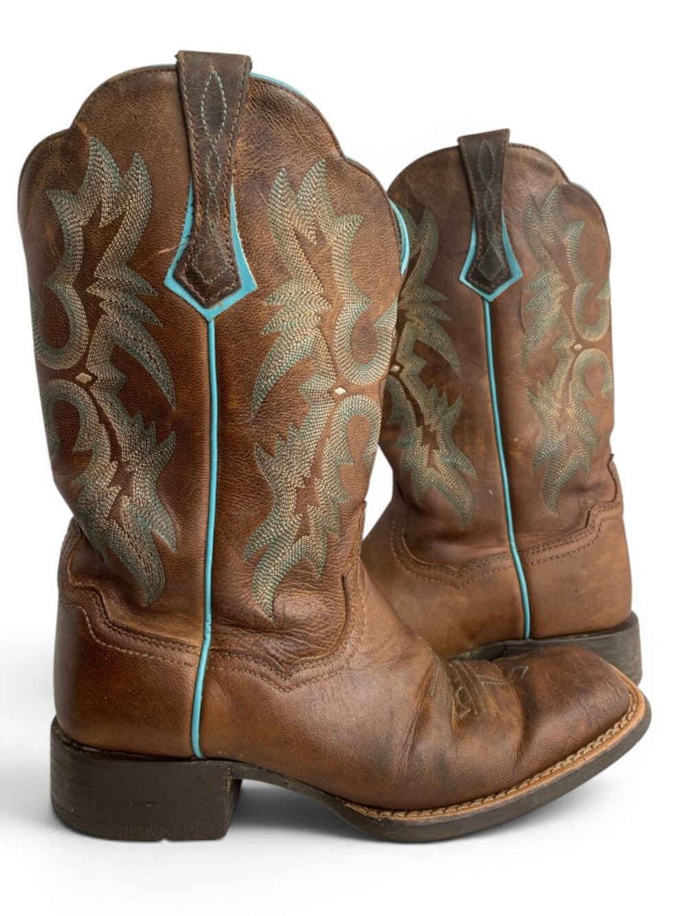 Ariat Leather Western Square Toe Brown Turquoise Cowgirl Boots Women’s 6.5 B